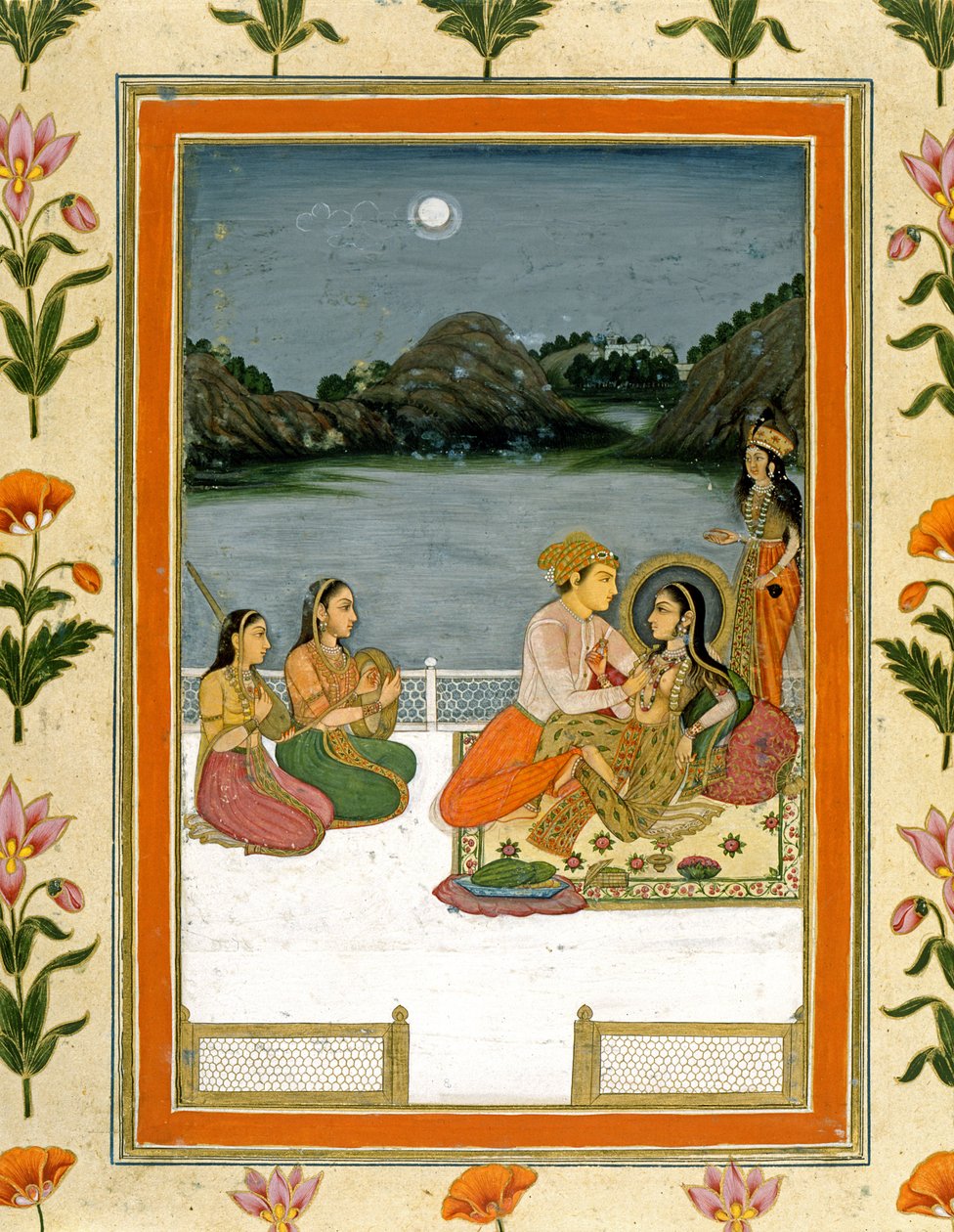 Elskere på en terrasse ved en månebelyst innsjø, fra Small Clive Album (ugjennomsiktig wc på papir) av Mughal School