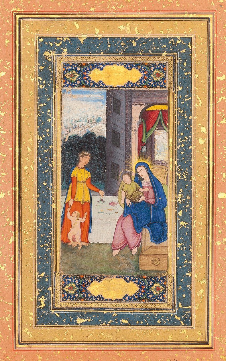 Madonna og barn besøkt av Elizabeth og døperen Johannes, Mughal India, ca. 1610 av Mughal School