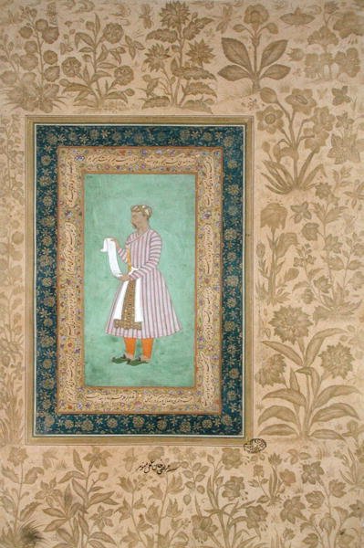 Portrett av Murtaza Khan som holder en rulle, ca. 1610 (gouache på pergament) av Mughal School