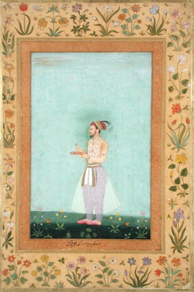 Prins Dara Shikuh holder et brett med juveler, fra Minto Album av Mughal School