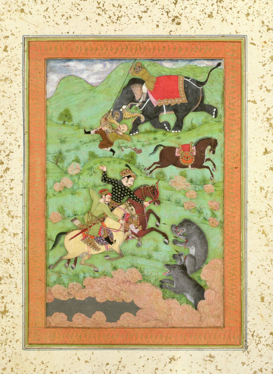 Rajput-prinser som jakter bjørn; en mahout og elefanten hans redder en fallen rytter fra en tiger, fra Large Clive Album av Mughal School