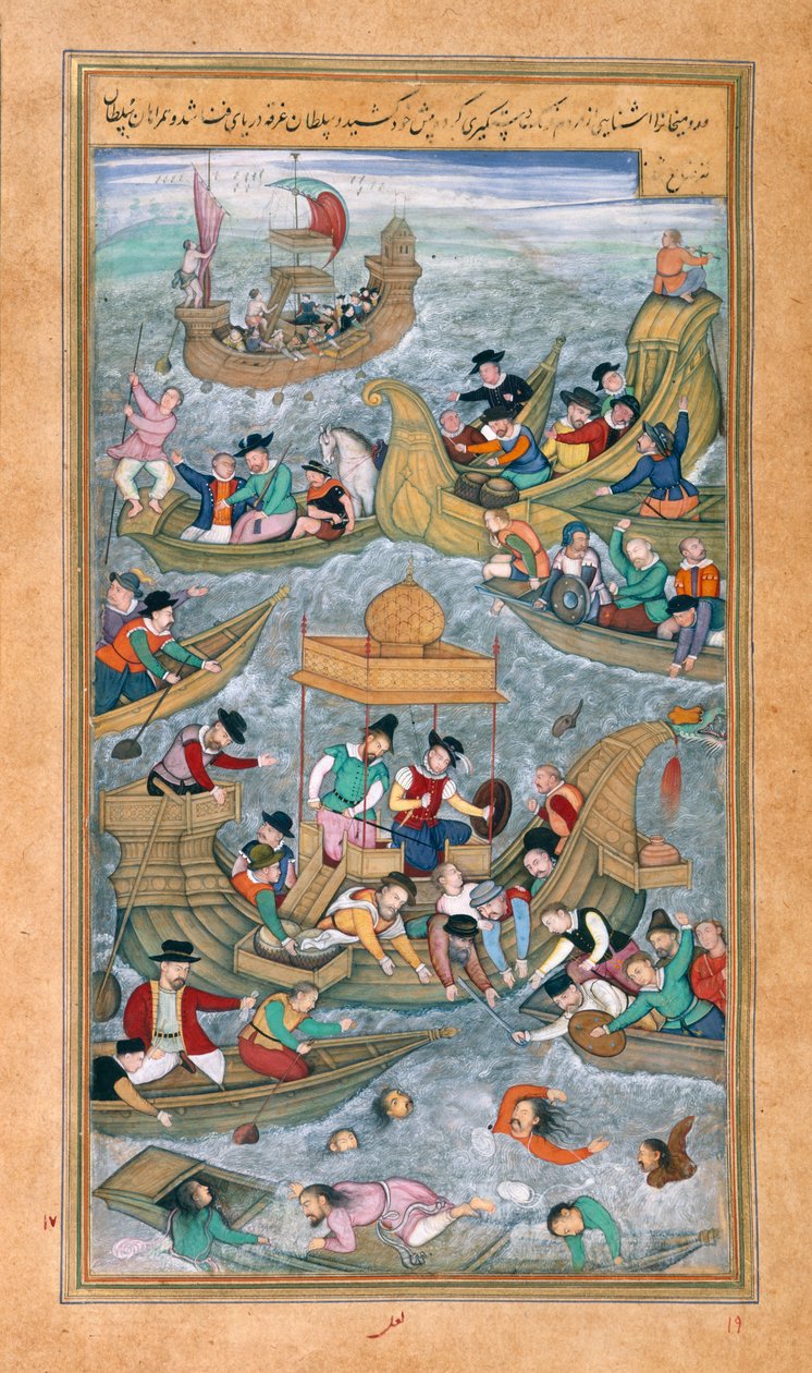 Sultan Bahadur og Rumi Khan hopper i sjøen når de er omgitt av portugisiske båter, fra Akbarnama av Mughal School
