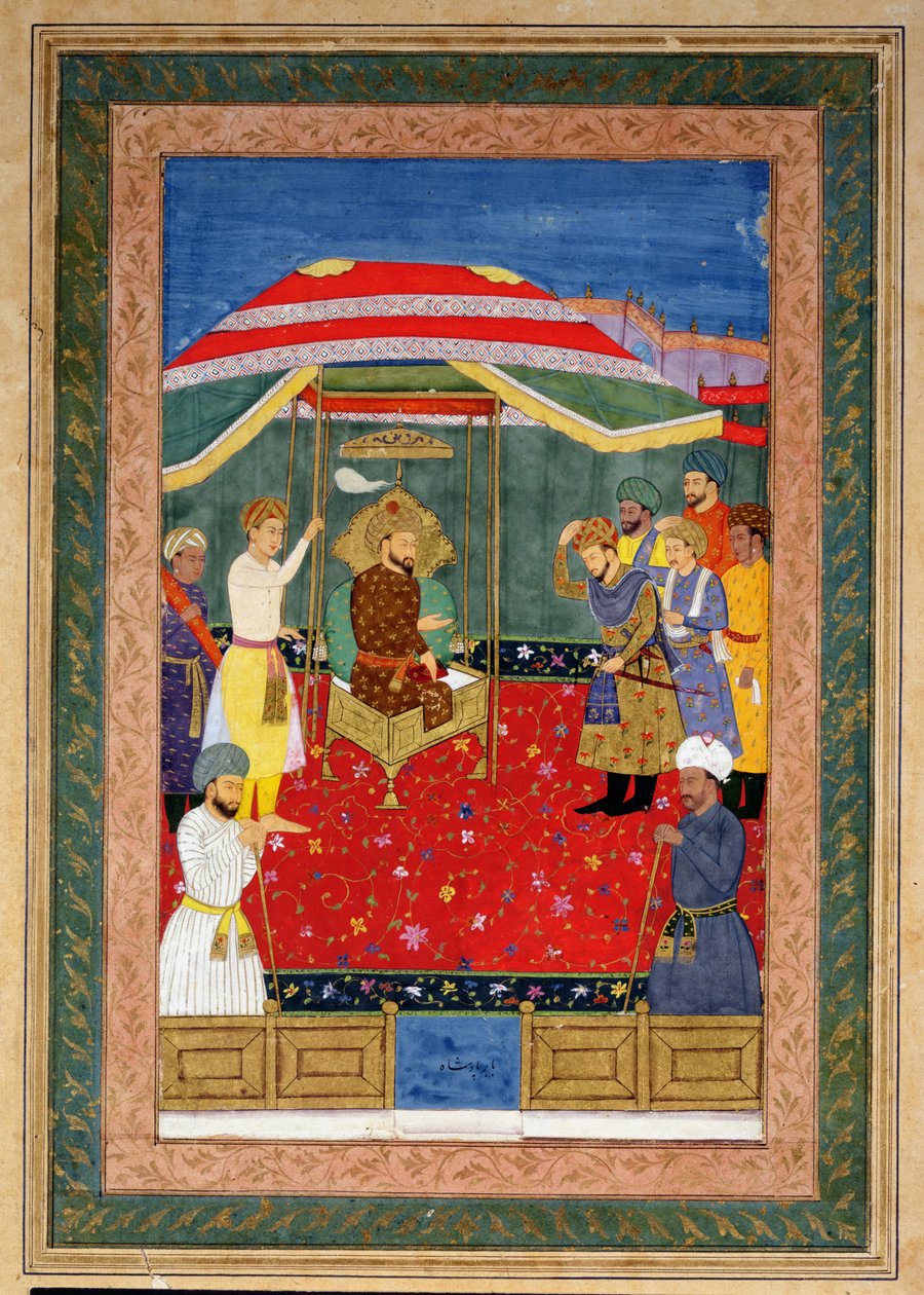 Mughal-keiseren Babur (1526-30) sitter på en trone og tar imot en prins, Johnson Album I, nr.3 nummerert 65 av Mughal School