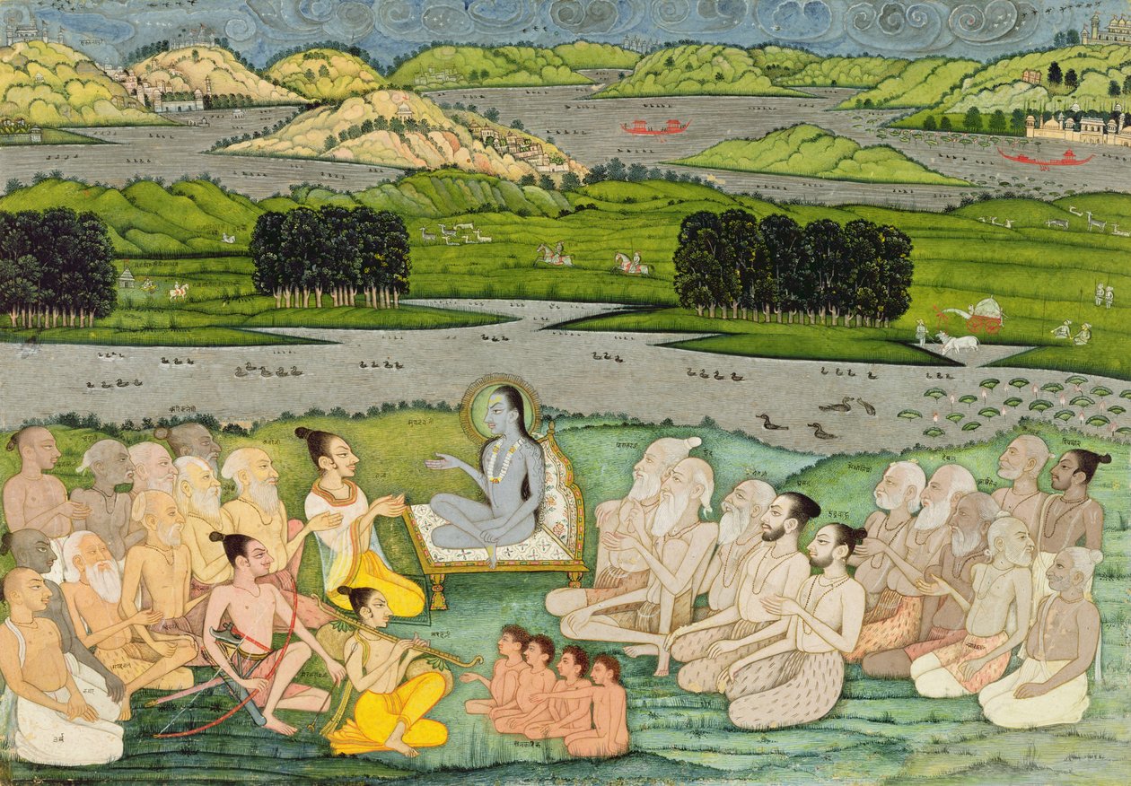 Vismannen Shuku Deva henvender seg til kong Parikshit og en gruppe Sadhus, ca. 1760, av Mughal School
