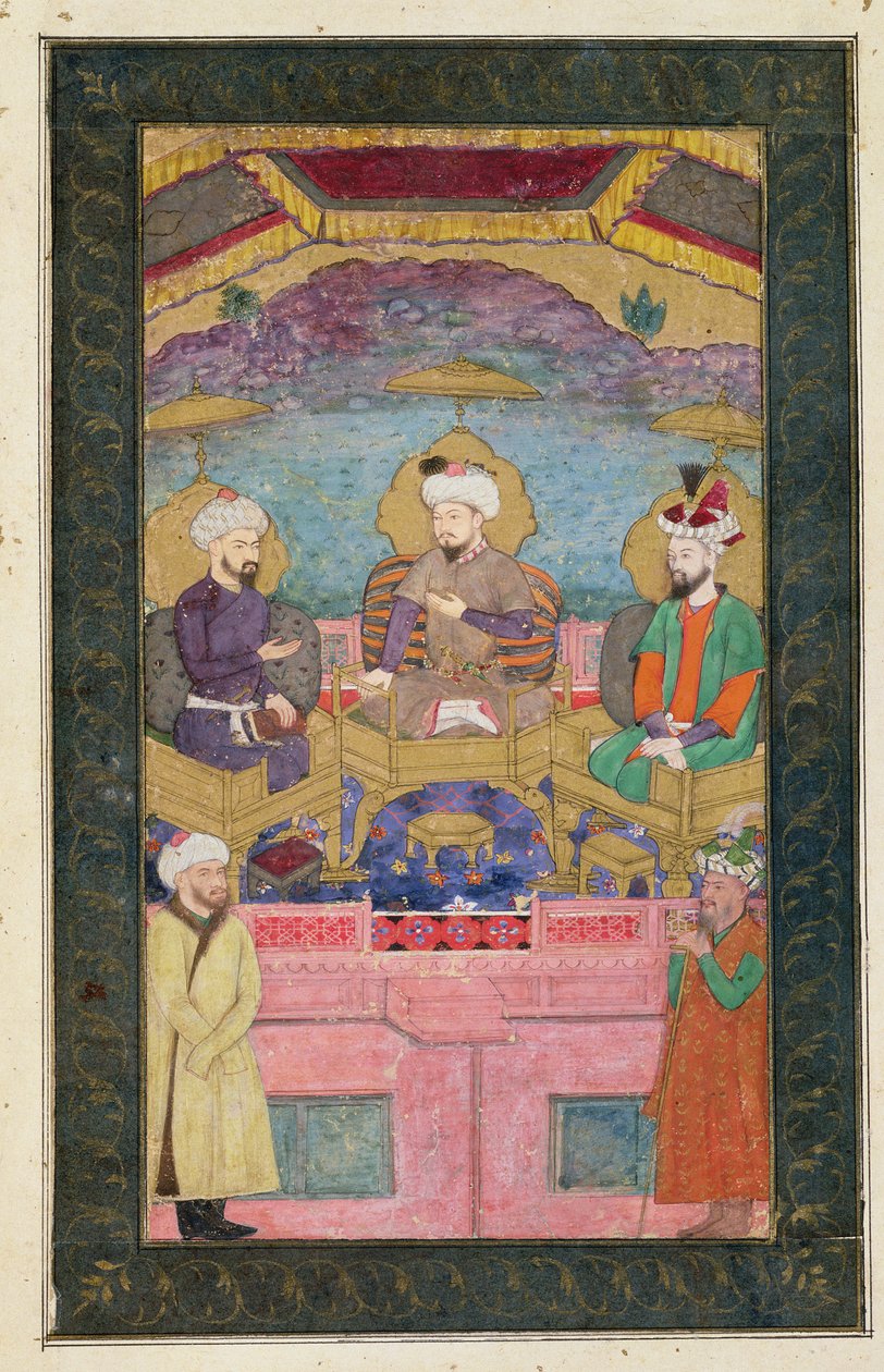 Timur (1336-1405), Babur (1483-1530, r.1526-30) og Humayan (1508-56, r.1530-56) tronet sammen, fra Large Clive Album, fra en c17. original av Mughal School