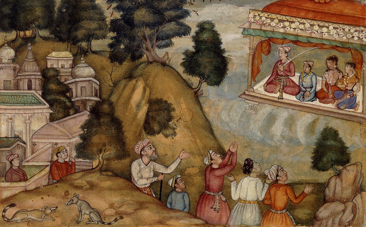 Landsbyboere hyller en mann og hans familie som sitter på en garlanded veranda, ca. 1585 av Mughal School