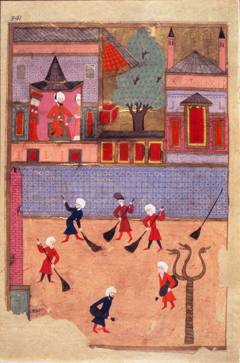 Street Sweepers Side hentet fra kallenavnet-i Humayun (etternavn i Humayun) eller 'Bok av festligheter' (ms. hazine 1344, fol. 341 a) illustrert av Osman. rundt 1582 (Istanbul) Istanbul, Topkapi Seray av Mughal School Osman