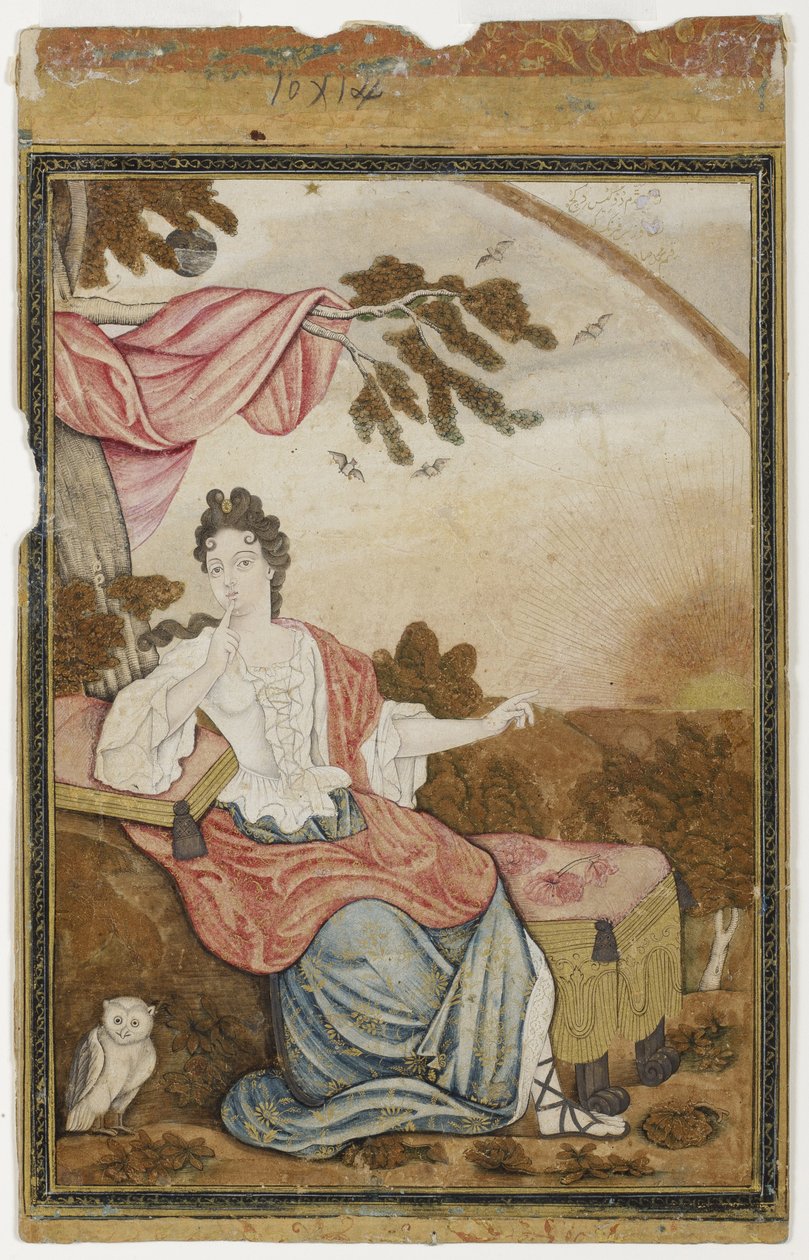 En europeisk kvinne sittende under en gren, med en ugle, 1700-32 (ugjennomsiktig wc og gull på papir) av Muhammad Sadiq