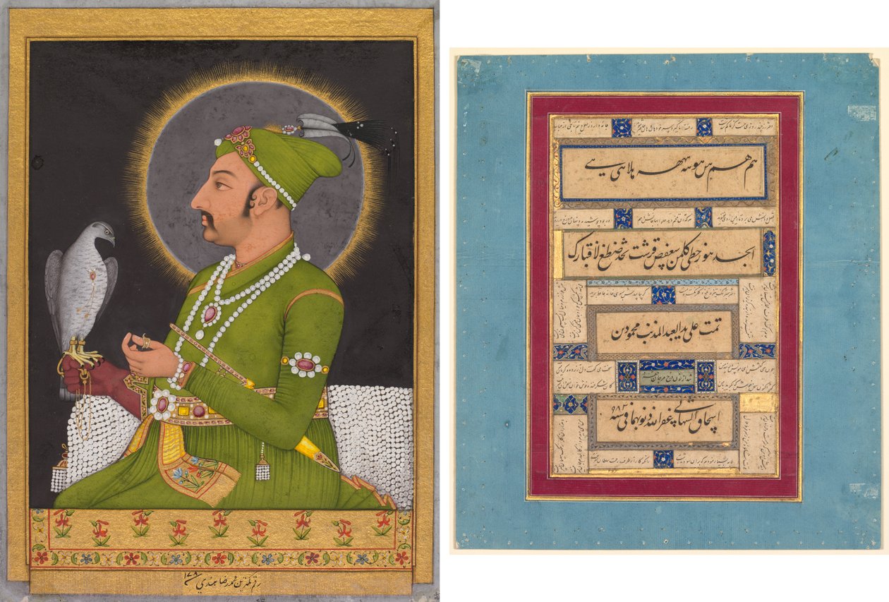 Posthumt portrett av Mughal-keiseren Muhammad Shah (regjerte 1719-1748) som holder en falk (recto); Kalligrafi (verso) av Muhammad Rizavi Hindi