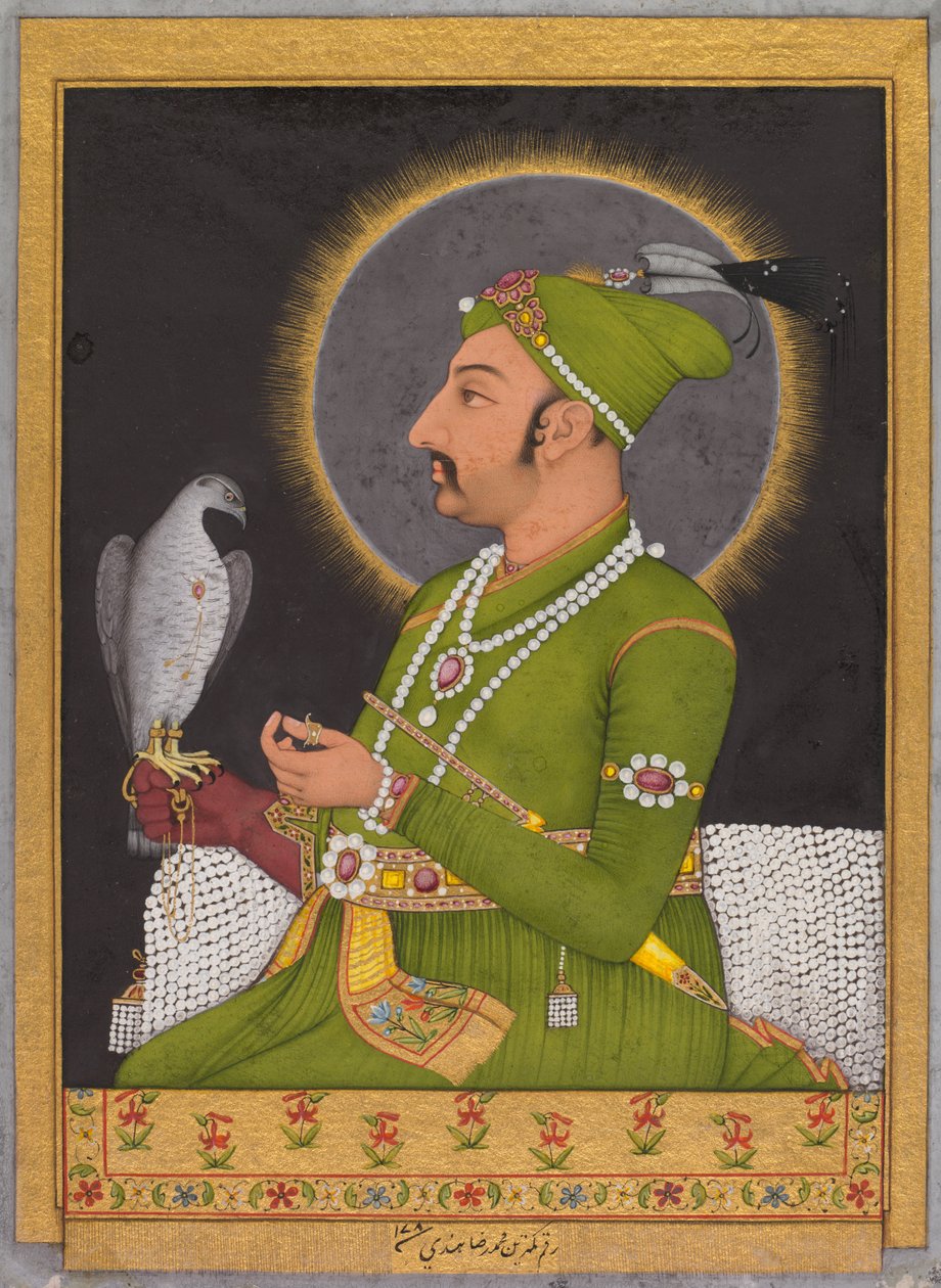 Posthumt portrett av Mughal-keiseren Muhammad Shah (regjerte 1719-1748) som holder en falk (recto) av Muhammad Rizavi Hindi