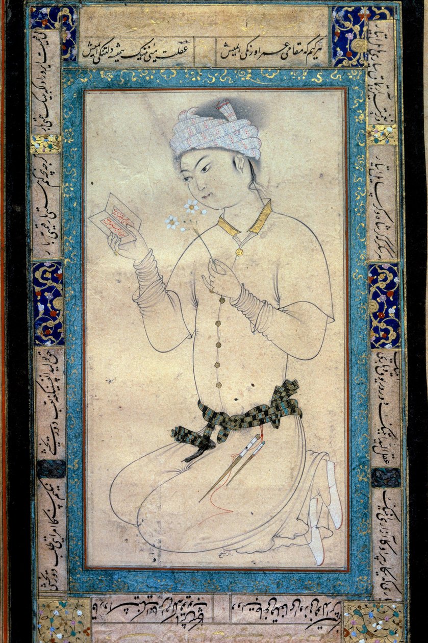 En ung mann med bøker og narcisser persisk miniatyr ved Muhammad Shaykhs gouache av Muhammad Shaykh