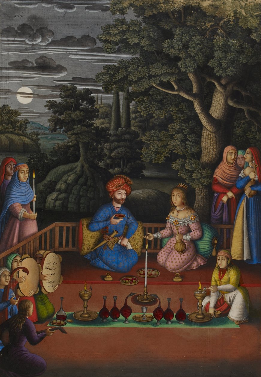 Episode fra den indiske prinsessens historie: Kong Turktazīs besøk i den magiske hagen til Turktaz, Feernes dronning, MS OR.2265, f.221v av Muhammad Zaman
