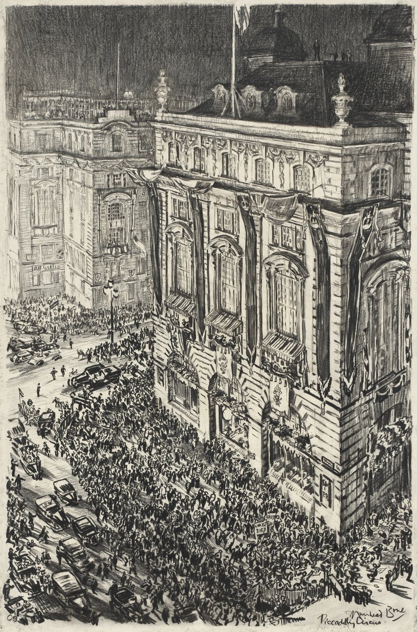 Piccadilly Circus, kvelden før George VIs kroning av Muirhead Bone