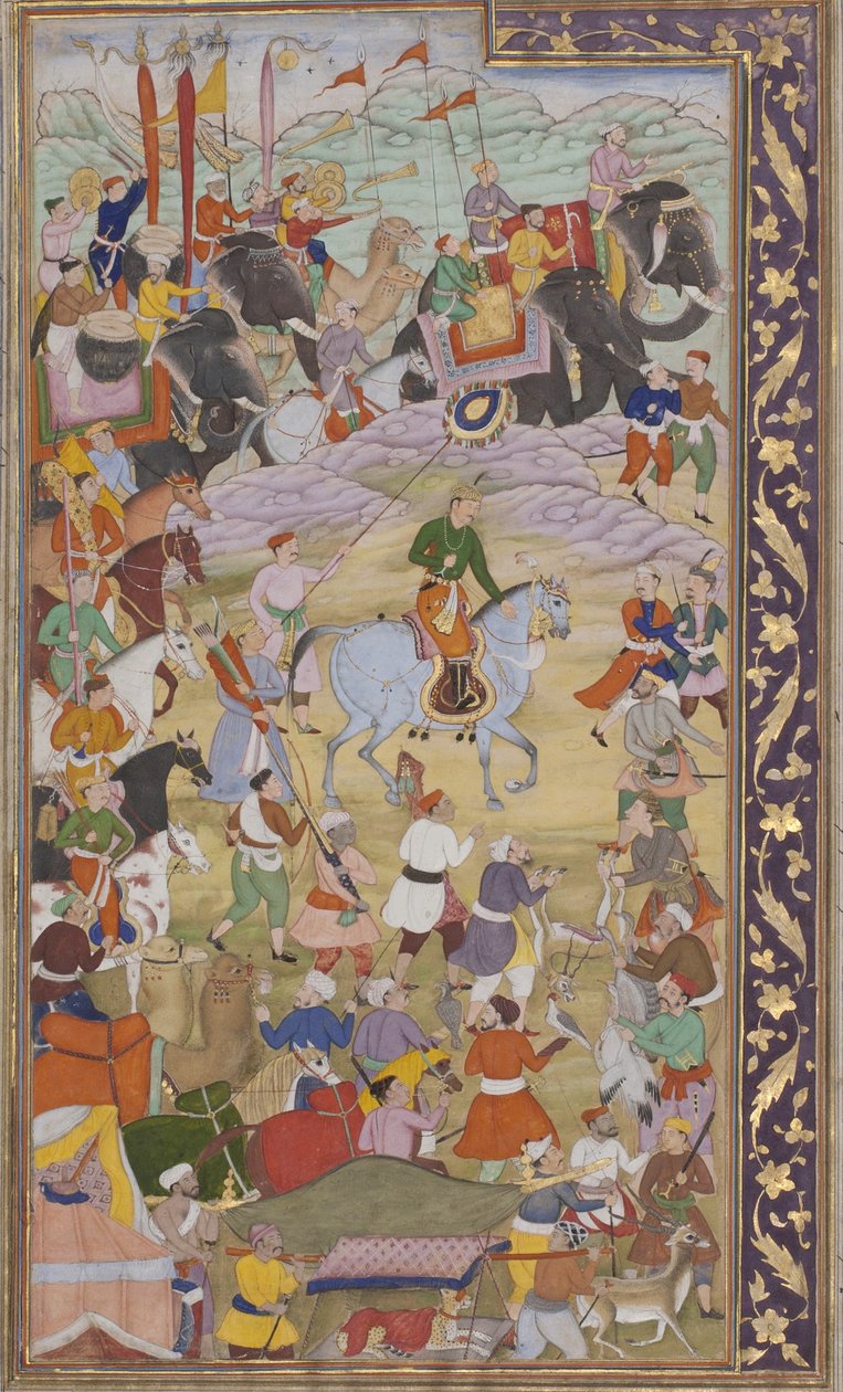 Keiseren Akbar jakter ved Sanganer på vei til Gujarat, 1600-10 (ugjennomsiktig wc og gull på papir) av Mukund