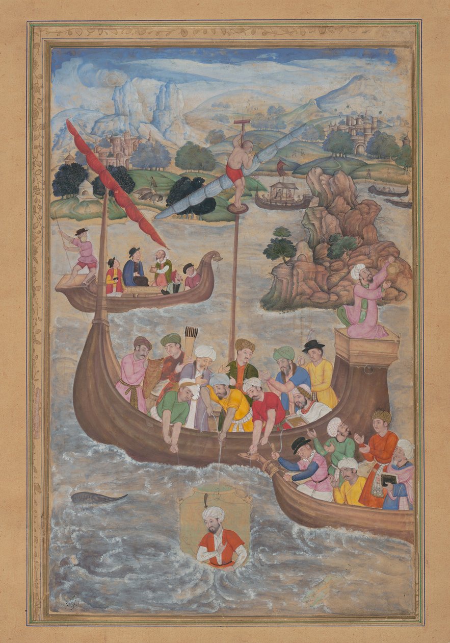 Alexander er senket ned i havet, Folio fra en Khamsa-kvintett av Amir Khusrau..., 1597-98. av Mukund