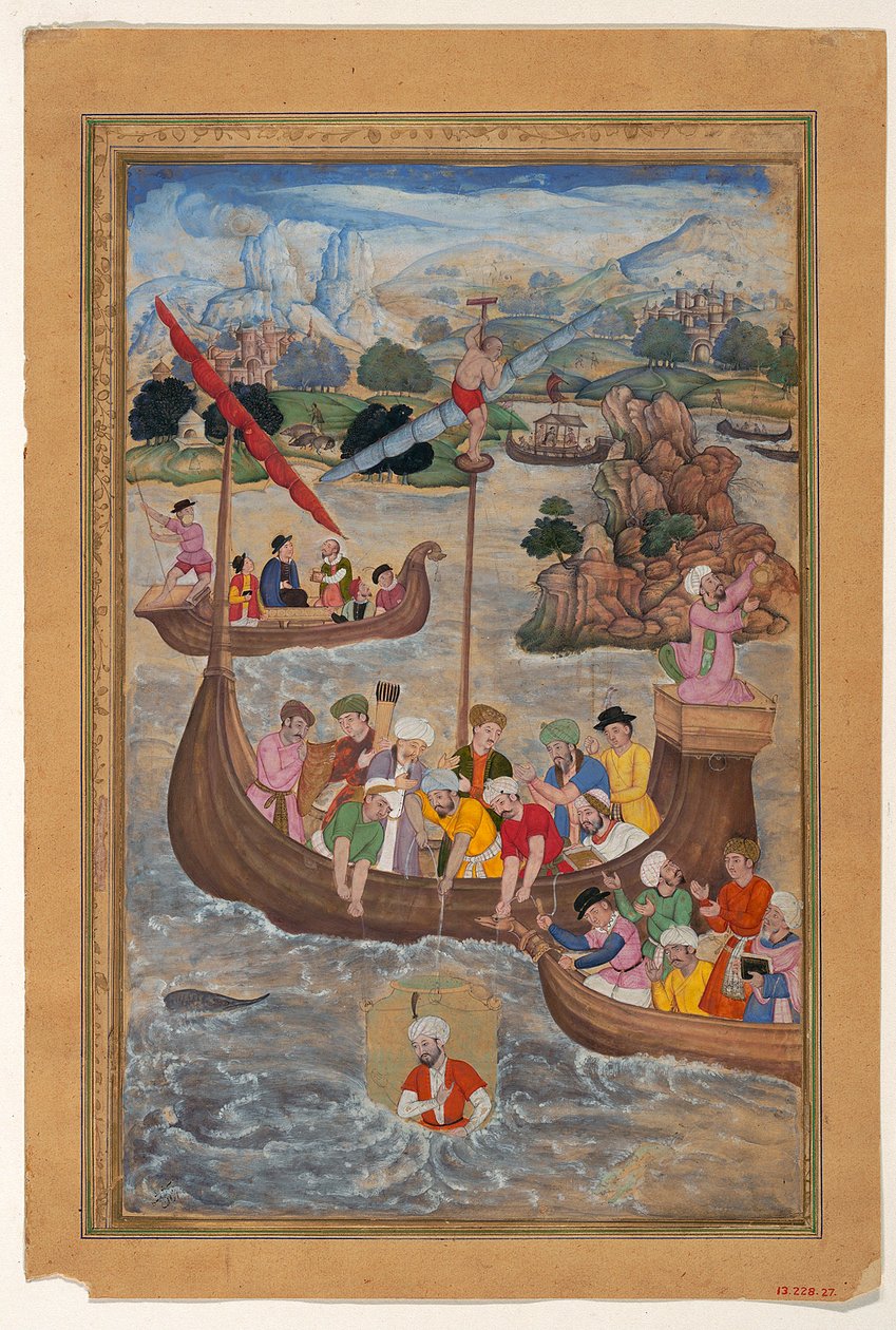 Alexander senket i havet i en dykkerklokke, 1597-8 (blekk, akvarell og gull på papir) av Mukunda attr. to Mukunda attr. to