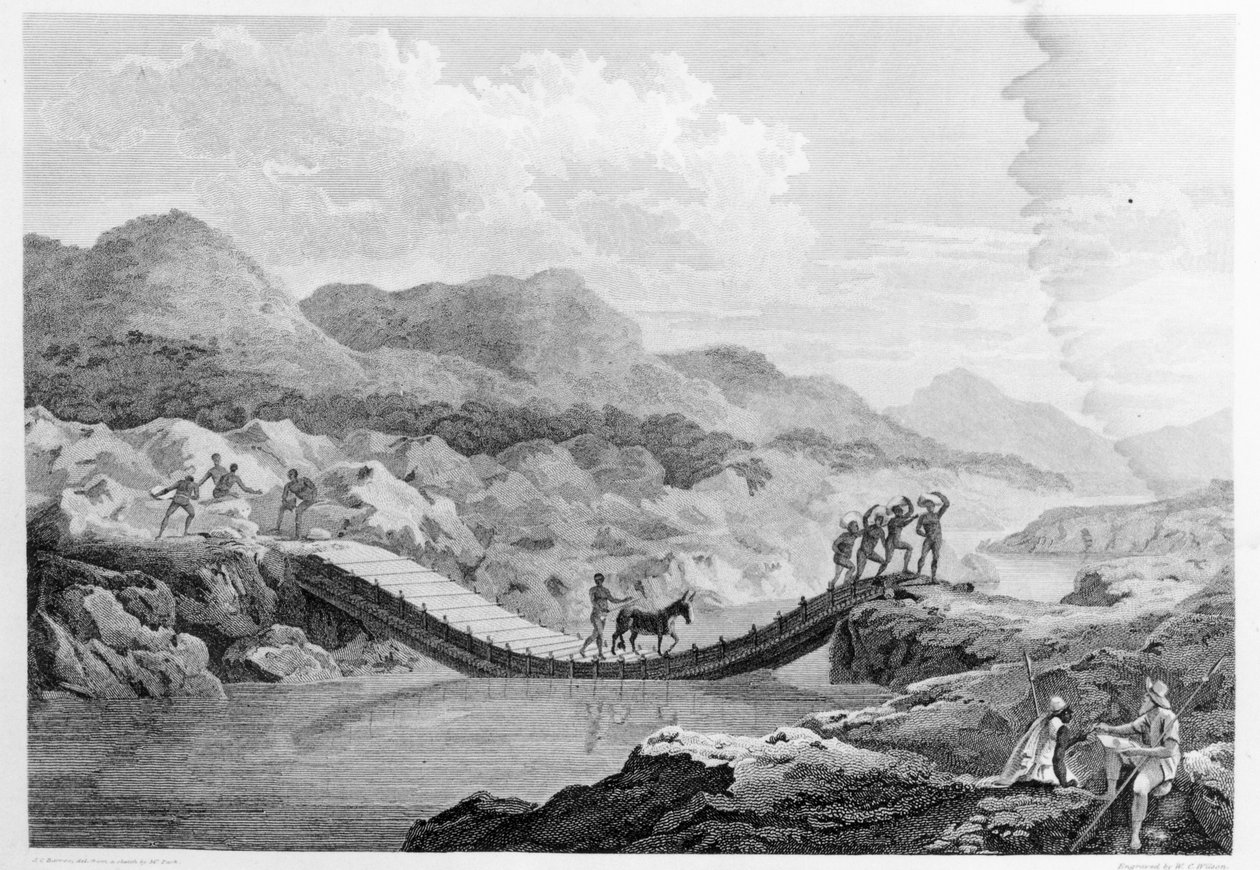 Selvportrett som skisserer broen på Bafing-elven, Senegal, fra "Travels in the Interior Districts of Africa", publisert 1799 av Mungo Park