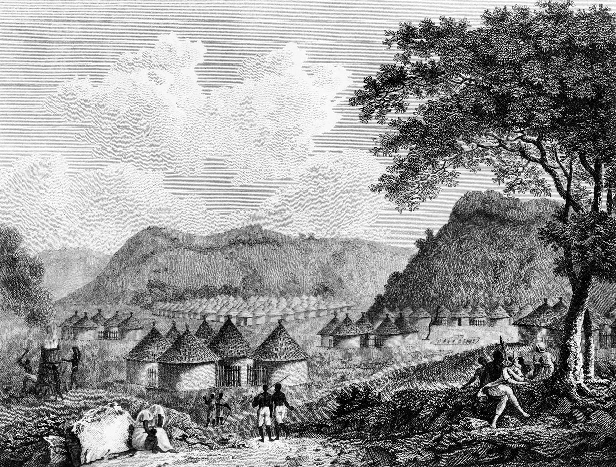 Utsikt over landsbyen Kamalia fra Travels in the indre distrikter i Afrika, 1799 av Mungo Park