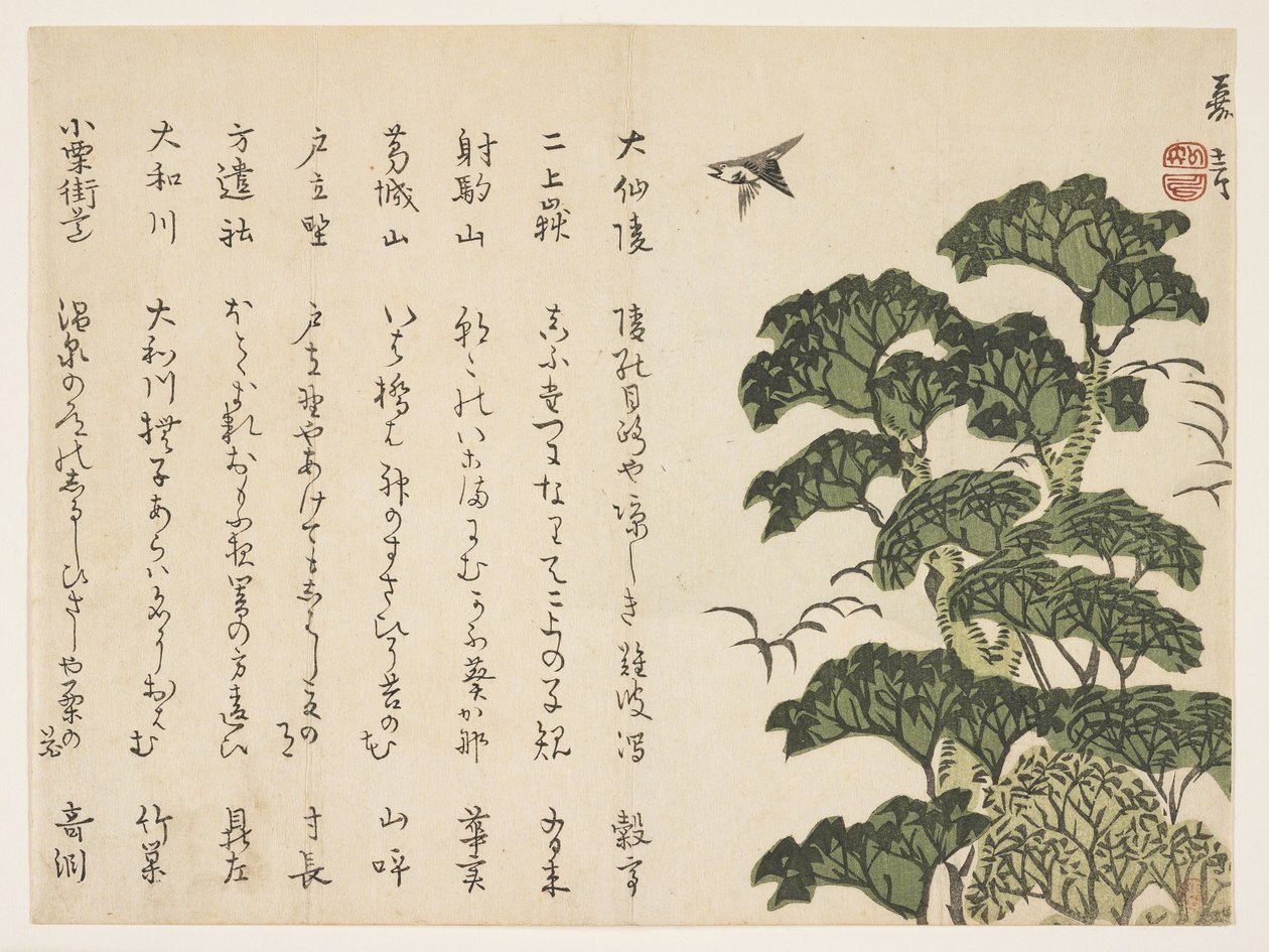 Stort tre og fugler, ca. 1830-44 (farget treblokktrykk) av Murata Kagen