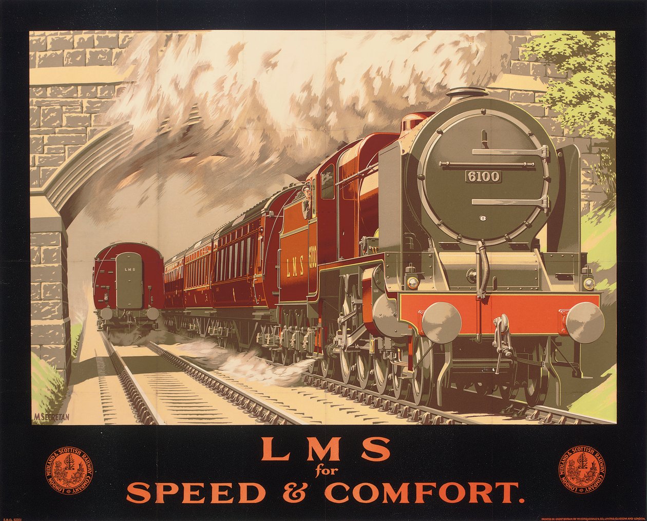 LMS for Speed and Comfort, plakat som annonserer London, Midland og Scottish Railway (farge litho) av Murray Secretan