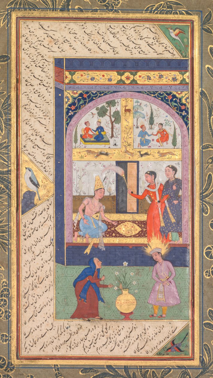 Zulaykha i palasset hennes og som en gammel kvinne med Joseph, fra en Panj Ganj (fem skatter) av Abd al- Rahman Jami (persisk, 1414–1492) (rekto) av Mushfiq