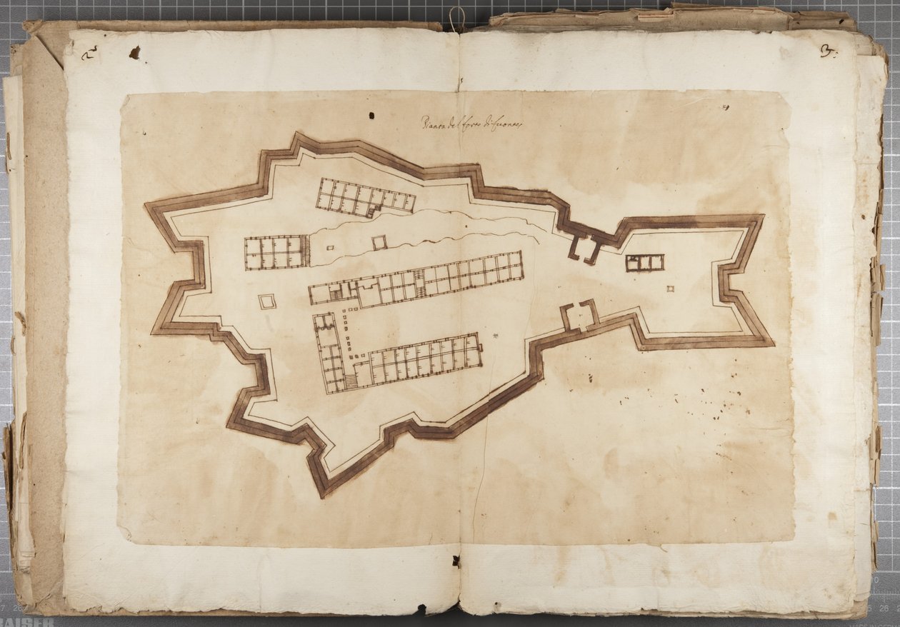 Portefølje med tegninger av Mutio Oddi fra Urbino og andre - Port of Fuentes, ca. 1635-40 (penn og blekk på papir i innbundet volum) av Muzio Oddi