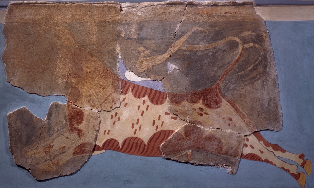 Tyrefektingsscene, freskomaleri fra Tirinto-palasset, mykensk sivilisasjon av Mycenaean