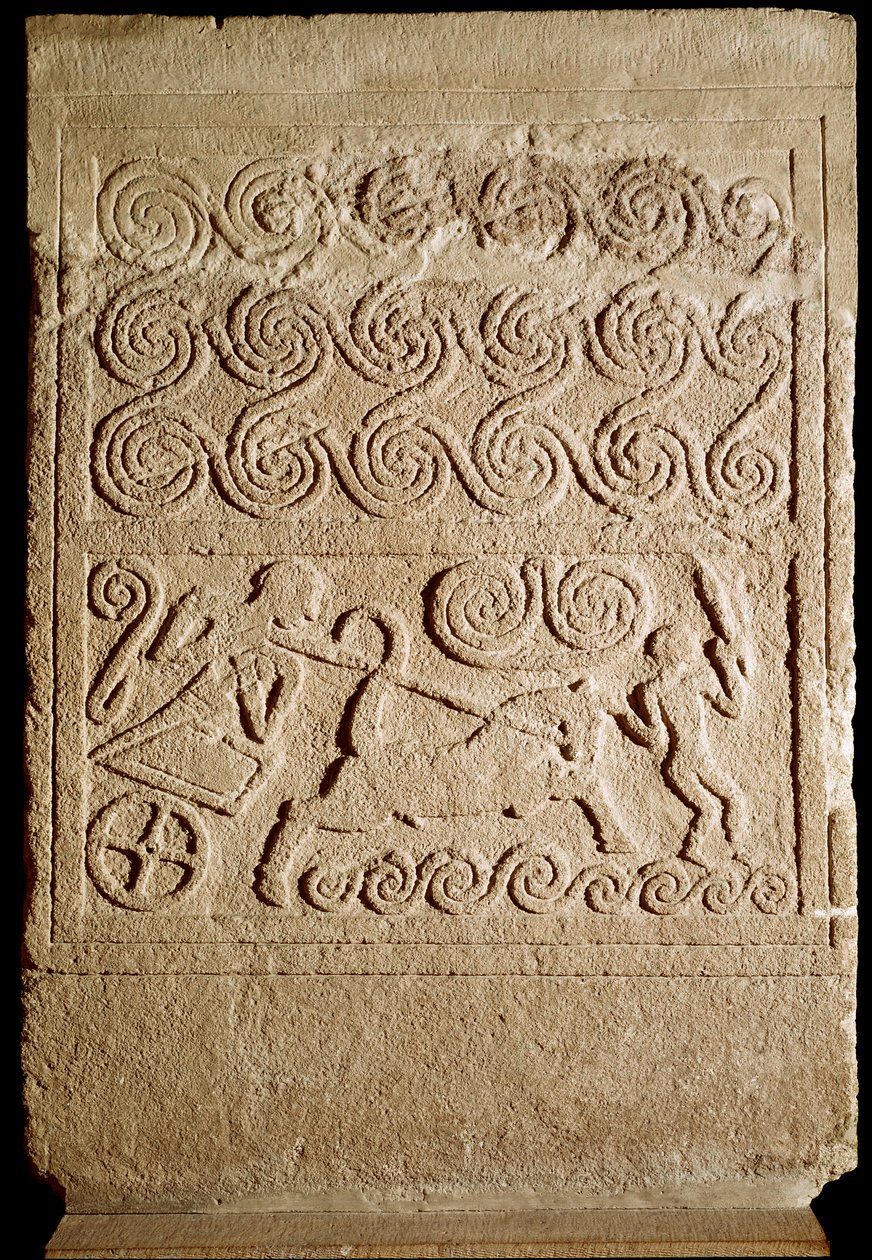 Mykensk kunst: gravstele i kalkstein med representasjon av et slag fra Mykene. 1500-tallet f.Kr. Dim. 133 cm Athen, Nasjonalt arkeologisk museum av Mycenaean
