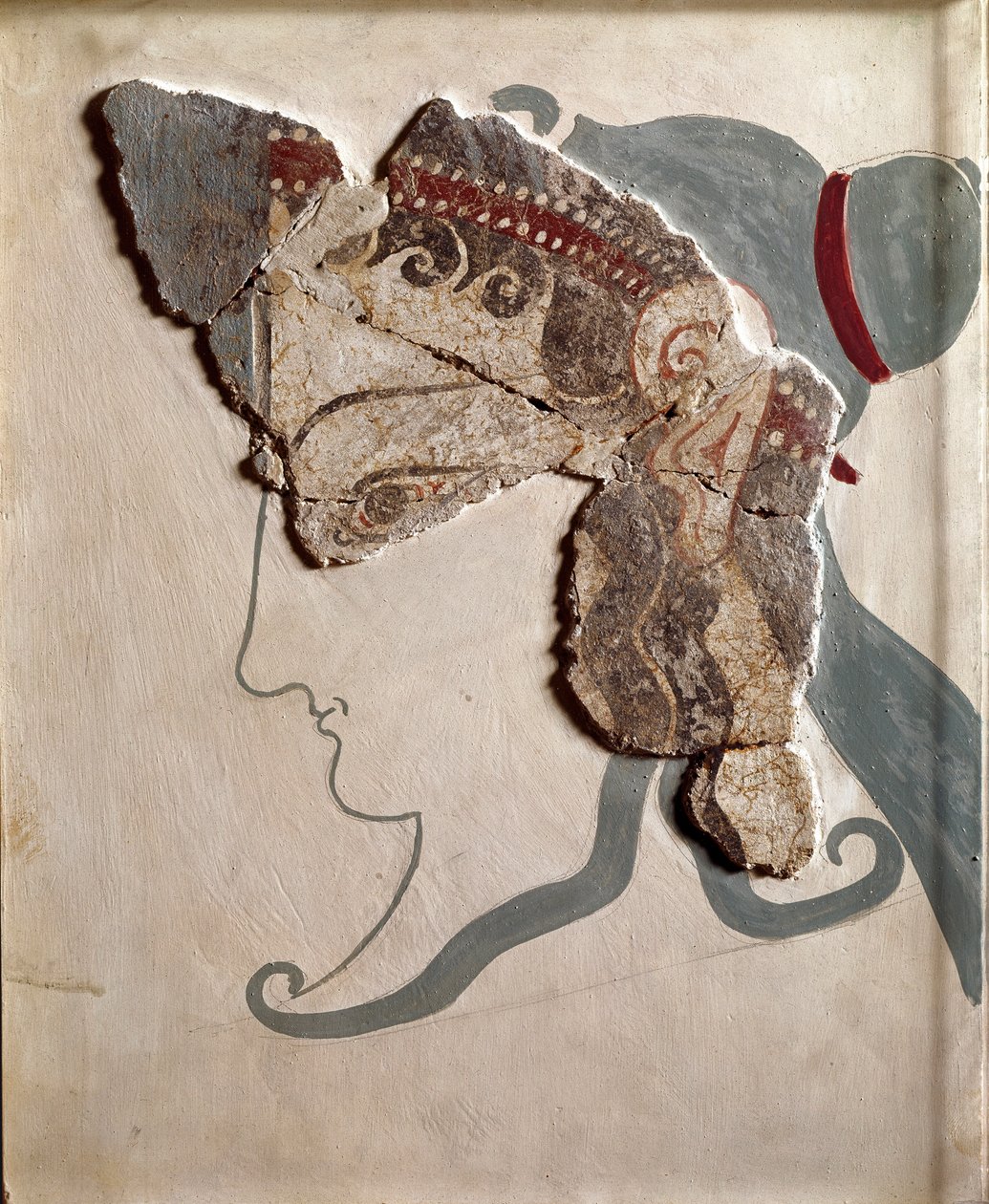 Mykensk kunst: feminint hode. Fragment av freskomaleri fra palasset i Tiryns av Mycenaean
