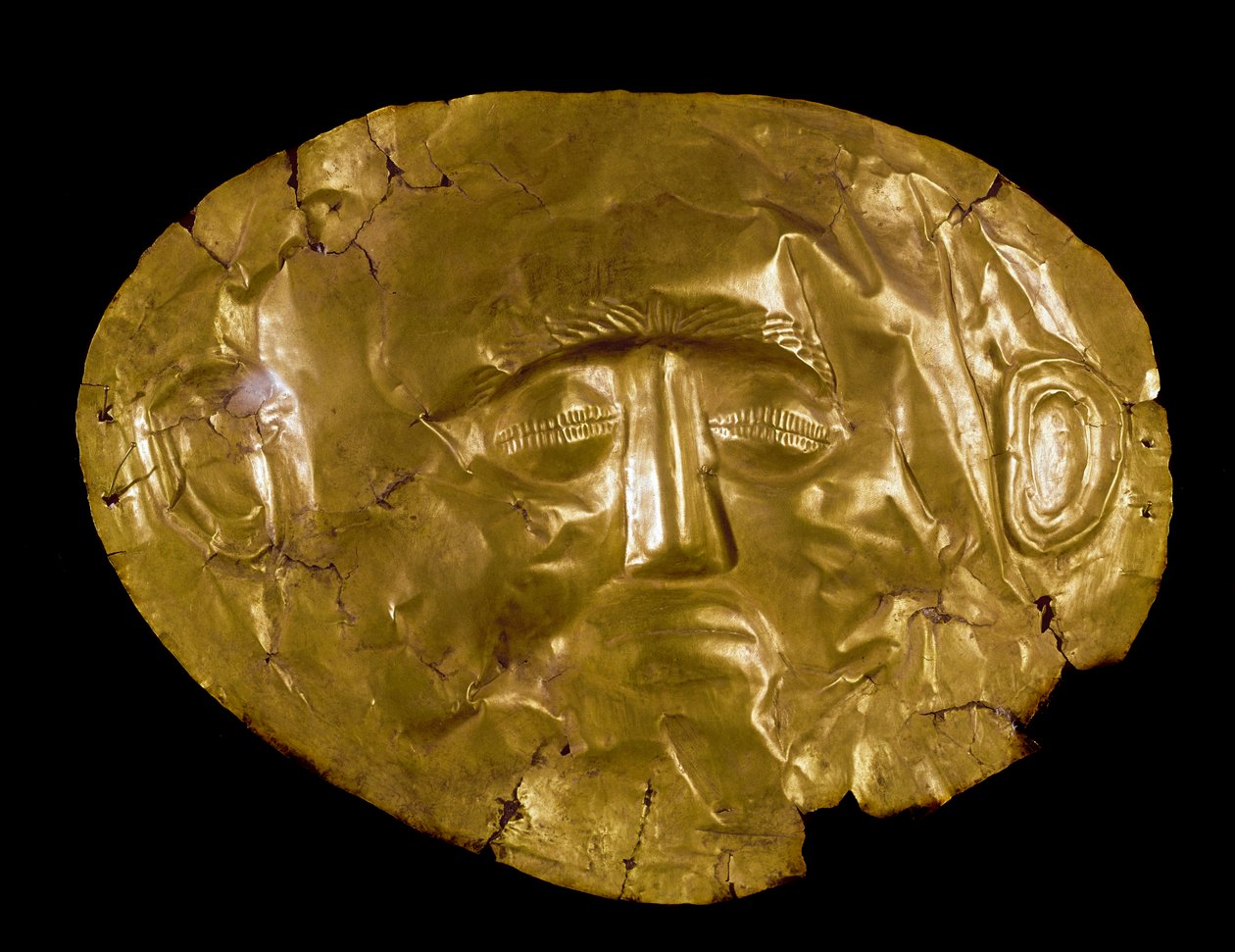 Mykensk kunst: gyllen maske. Fra Mykenes. 1500-tallet f.Kr. Athen, nasjonalt arkeologisk museum - Mykensk kunst: begravelsesmaske i gull fra Mykene. 1500-tallet f.Kr. Nasjonalt arkeologisk museum, Athen, Hellas av Mycenaean