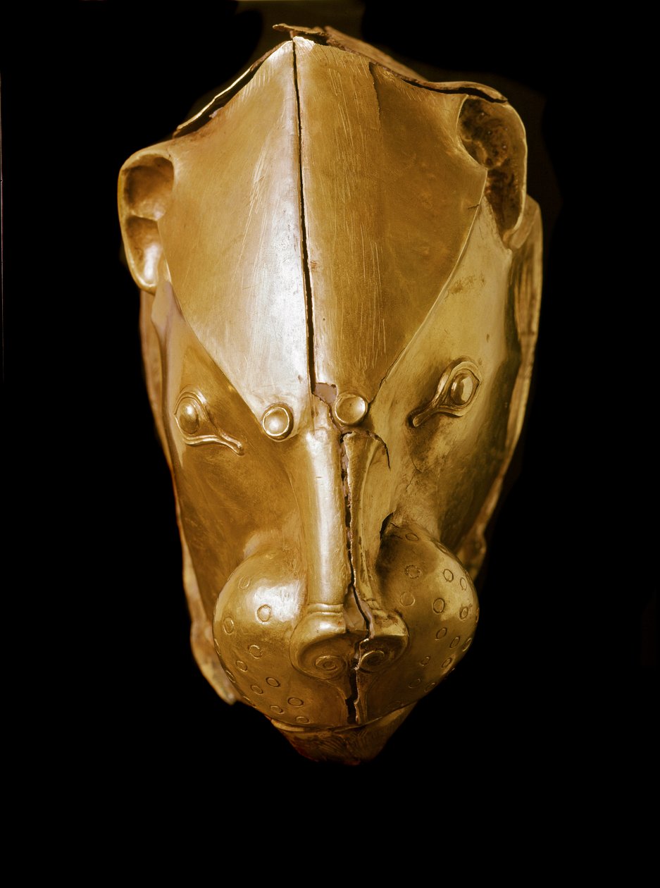 Mykensk kunst: rhython eller rhyton eller golden rython (apparatglass) i form av et løvehode fra grav IV, Mykenes. 1500-tallet f.Kr. Dim. 14 cm Athen, nasjonalt arkeologisk museum - Mykensk kunst: gull løvehode rhyton (seremonielt glass) fra Gra av Mycenaean
