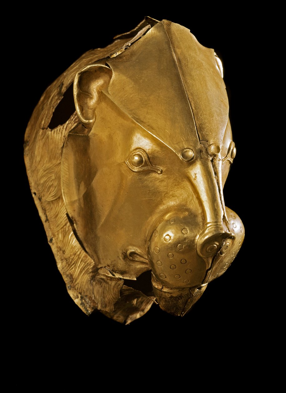 Mykensk kunst: rhython eller rhyton eller golden rython (apparatglass) i form av et løvehode fra grav IV, Mykenes. 1500-tallet f.Kr. Dim. 14 cm Athen, Nasjonalt arkeologisk museum - mykensk kunst: gull løvehode rhyton (seremoniell glass) fra Gr. av Mycenaean