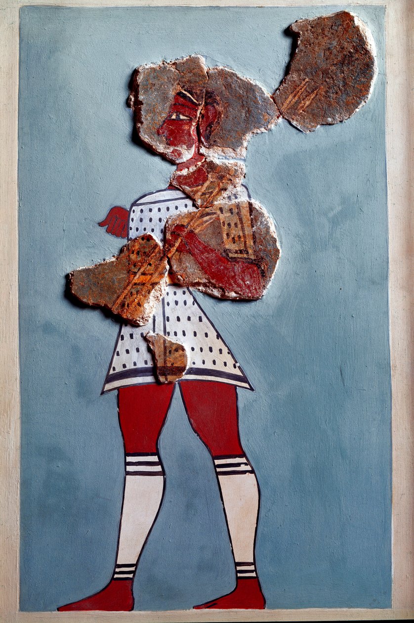 Mykensk kunst: kriger. Fragment av freske fra Tiryns-palasset og rekonstitusjon av Mycenaean