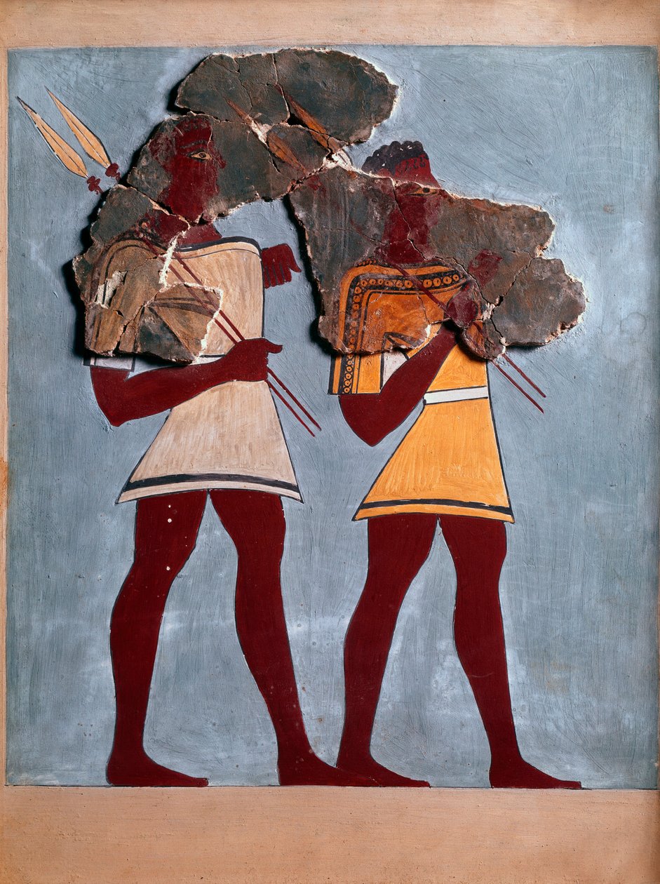 Mykensk kunst: krigere. Fragment av freske fra Tiryns-palasset og rekonstitusjon av Mycenaean