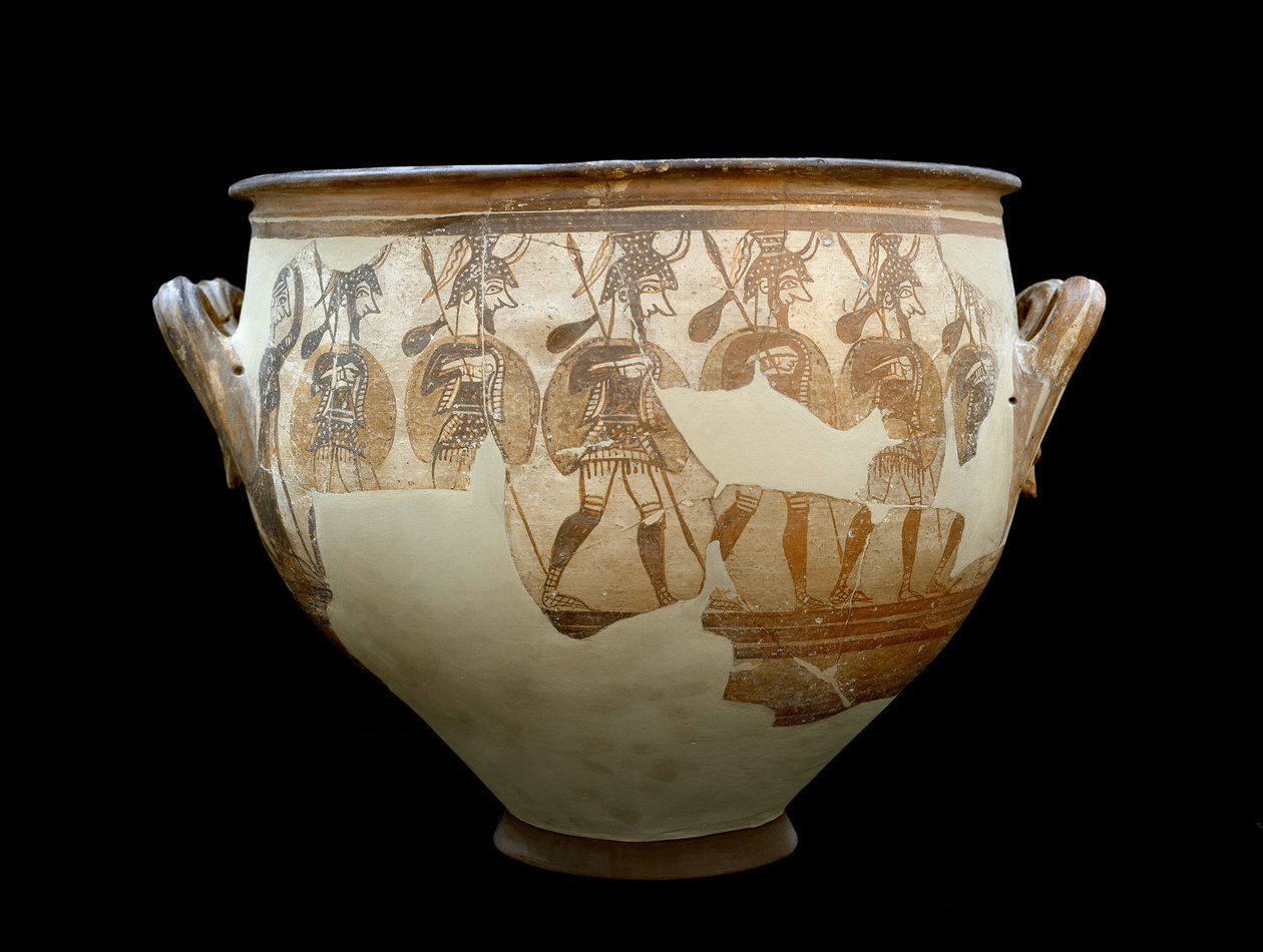 Mykensk sivilisasjon: krater kalt Warriors - Fra sirkelen av graver A a Mykenes. 1100-tallet f.Kr. - Athen, nasjonalt arkeologisk museum - Mykensk kunst: Krigernes krater - Terrakotavase funnet i Mykene av Mycenaean Mycenaean