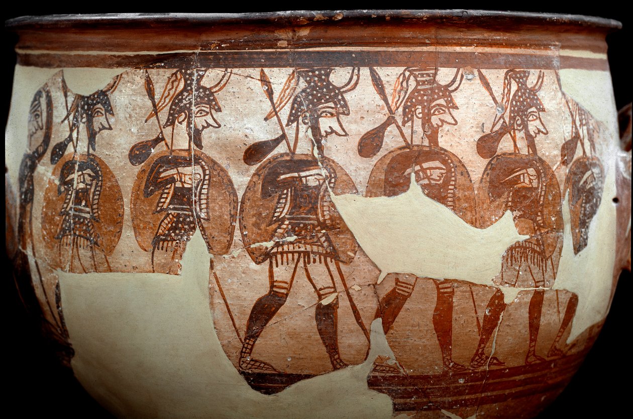 Mykensk sivilisasjon: krater kalt Warriors. Fra sirkelen av graver A til Mykenes. 1100-tallet f.Kr. Athen, National Archaeological Museum - Art of mycenaean sivilisasjon: krater kalt Warriors krater. Fra gravsirkel A ved Mykene. 1100-tallet av Mycenaean Mycenaean