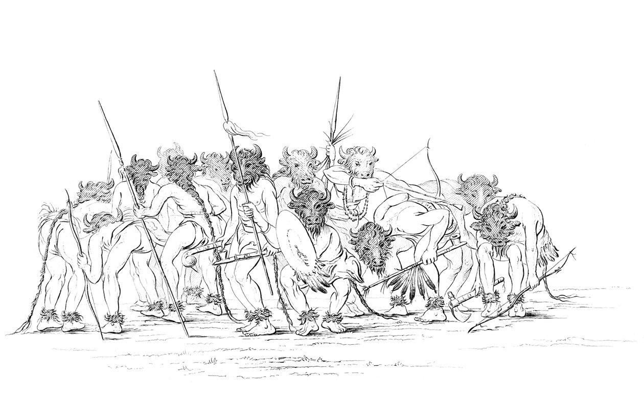 Indianerjegere danser iført bøffelmasker, 1841. av Myers and Co