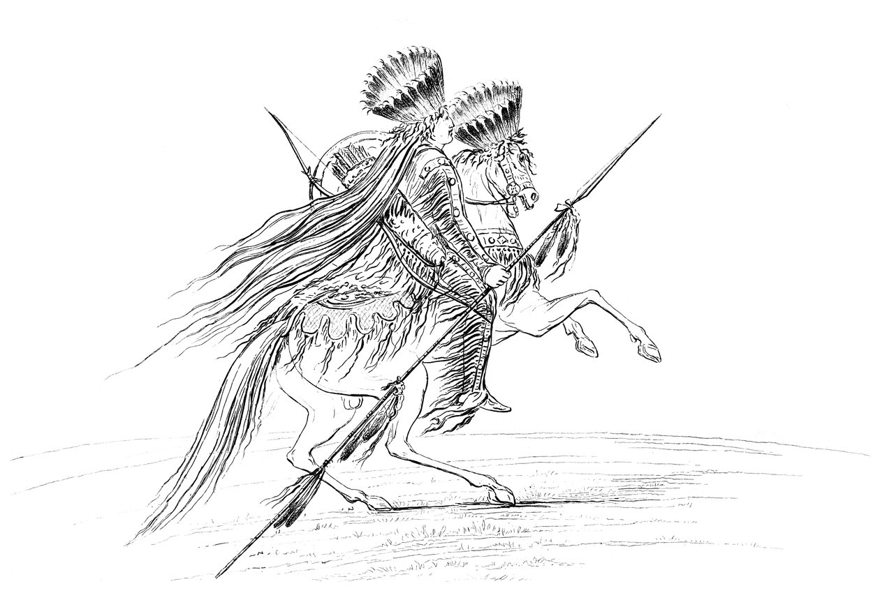 Indianermann med våpen og hodeplagg, rir på hest, 1841. av Myers and Co