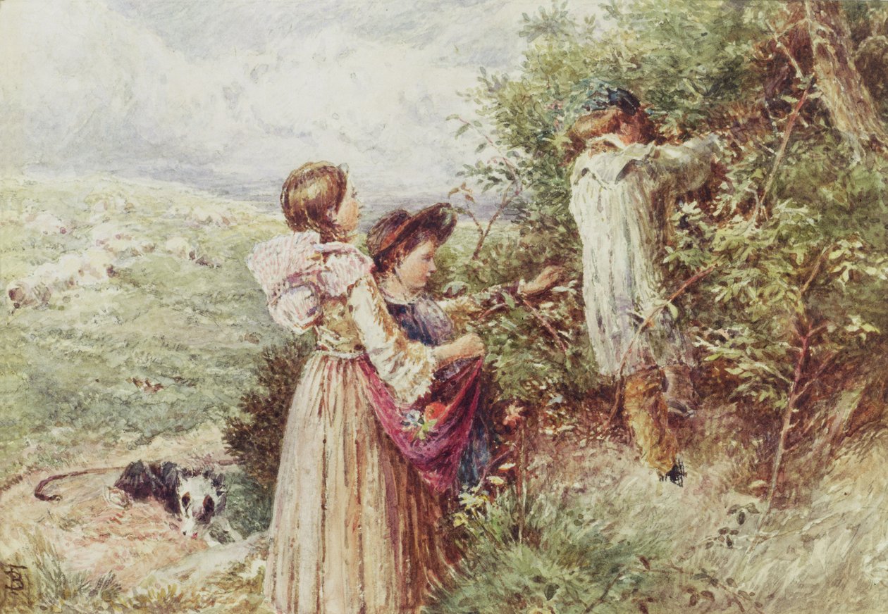Barn plukker bjørnebær, 1800-tallet av Myles Birket Foster