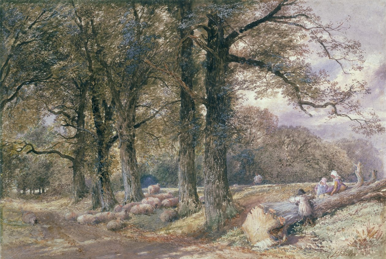 Barn sitter på trestammen av Myles Birket Foster