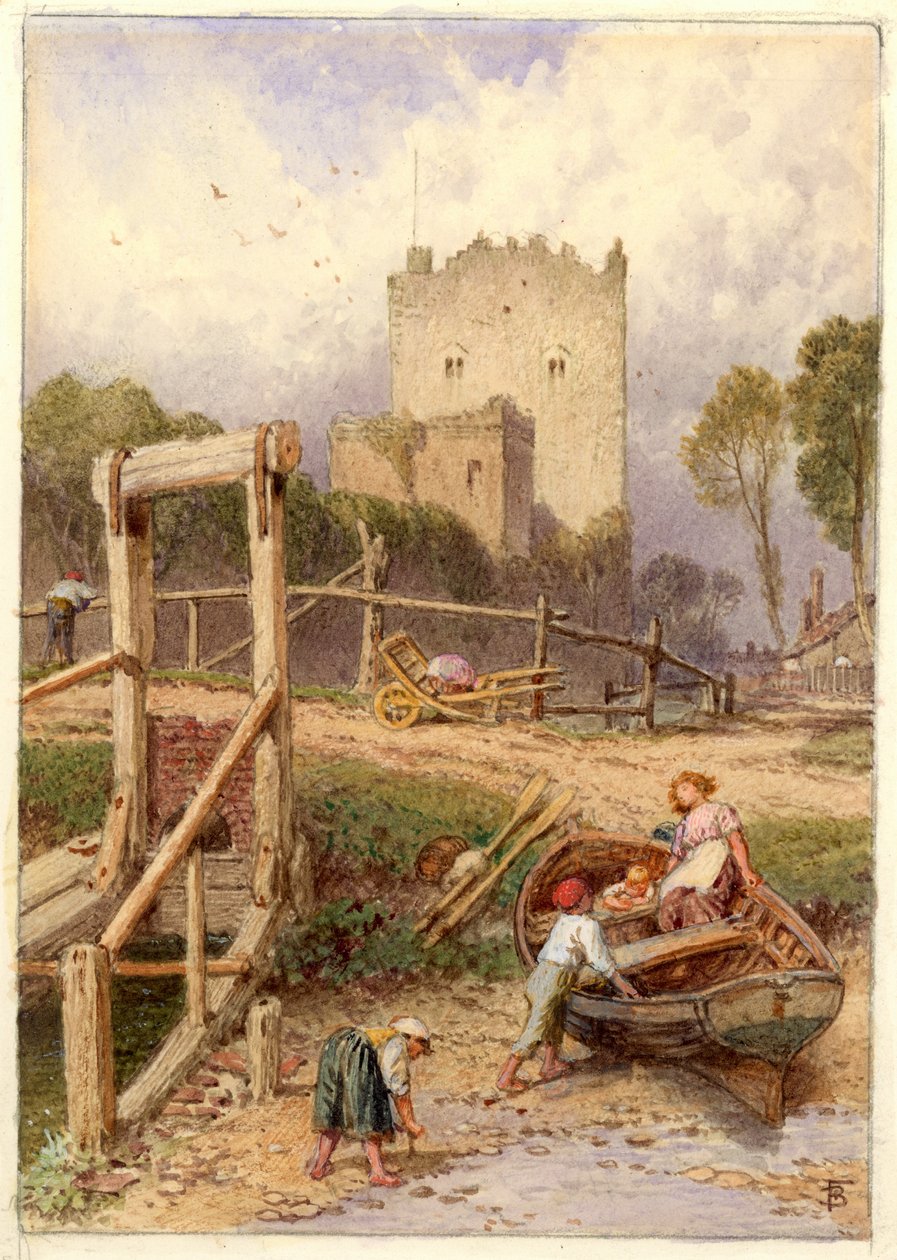 Landskap med båt og figurer (akvarell på papir) av Myles Birket Foster