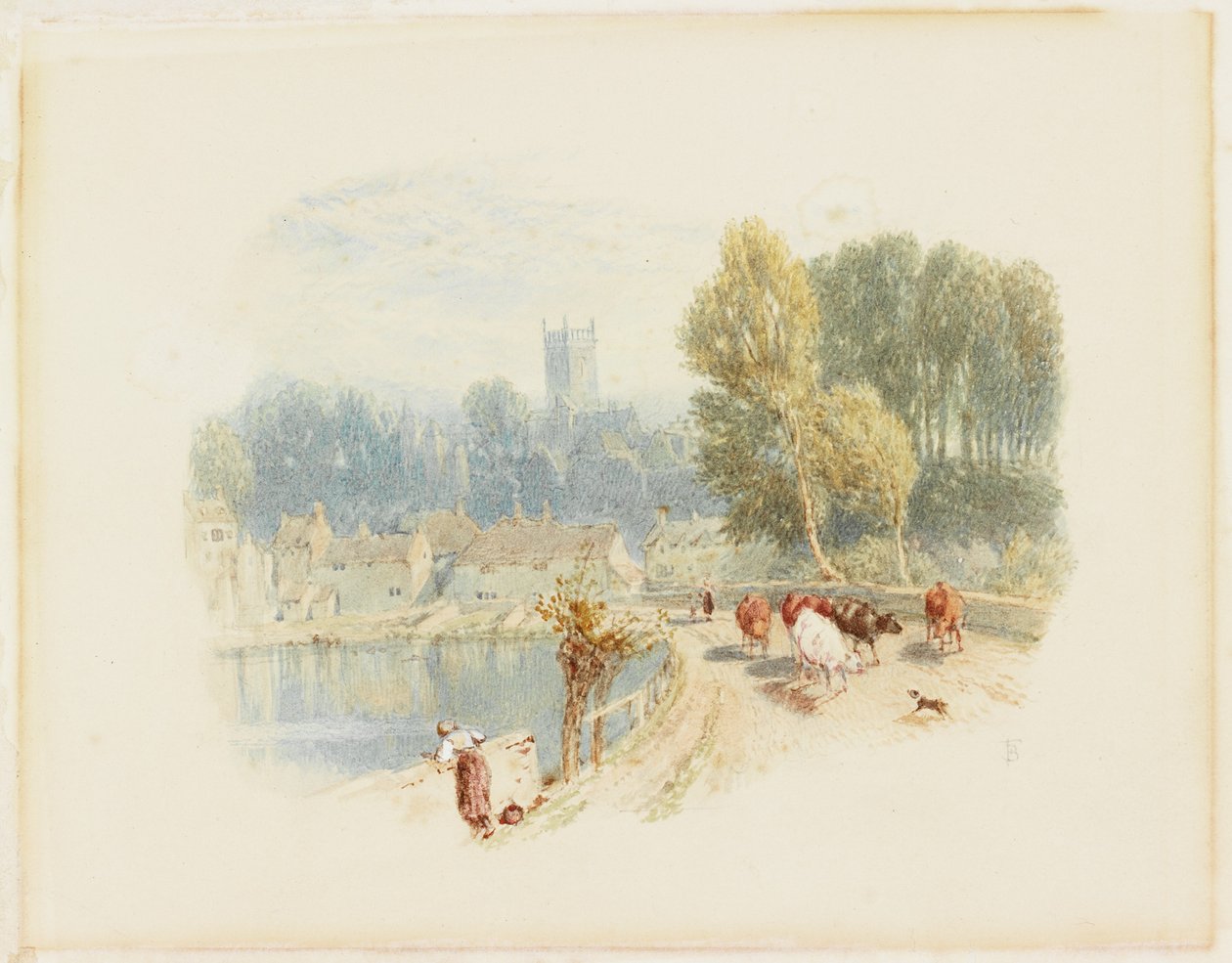 Elvescene med kirke (blyant og akvarell på kort) av Myles Birket Foster