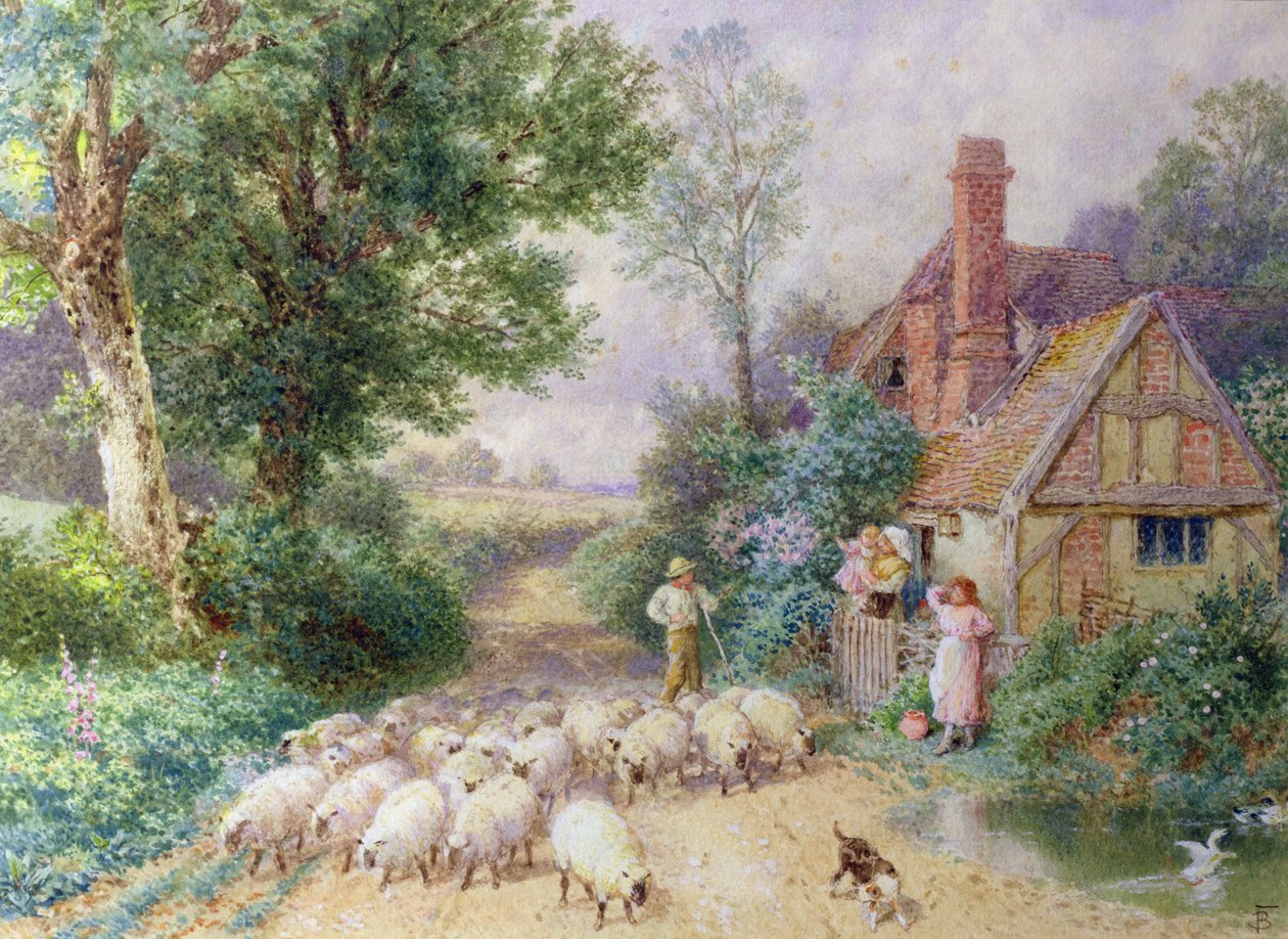 Shepherd og flokken hans passerer en hytte på landet av Myles Birket Foster