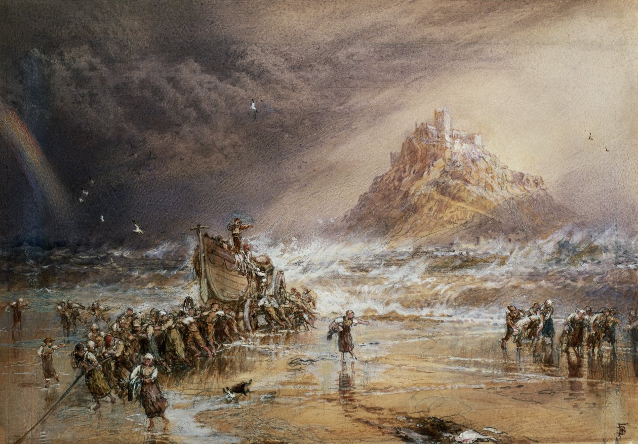 The Return of the Life Boat with St. Michael's Mount in the Distance, ca. 1874 (wc, kroppsfarge og blyant forhøyet med hvitt på papir) av Myles Birket Foster