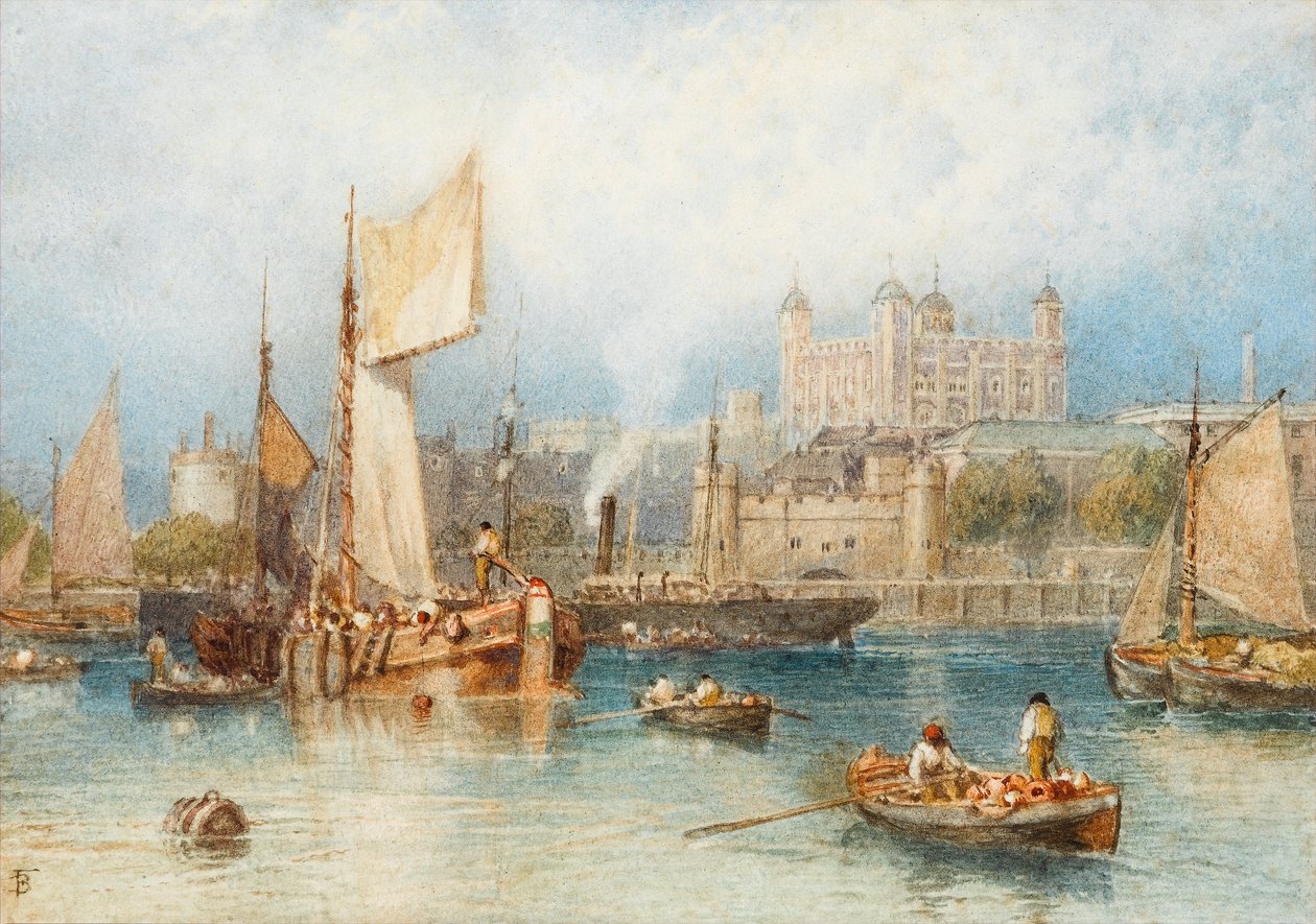 Tower of London fra Themsen (wc på papir) av Myles Birket Foster