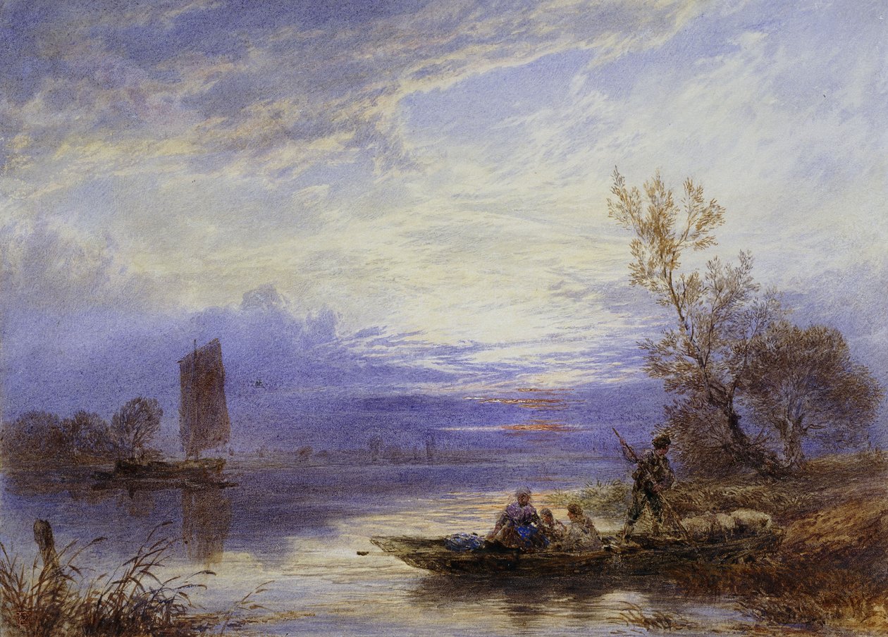 En ferge ved solnedgang, av Myles Birket Foster