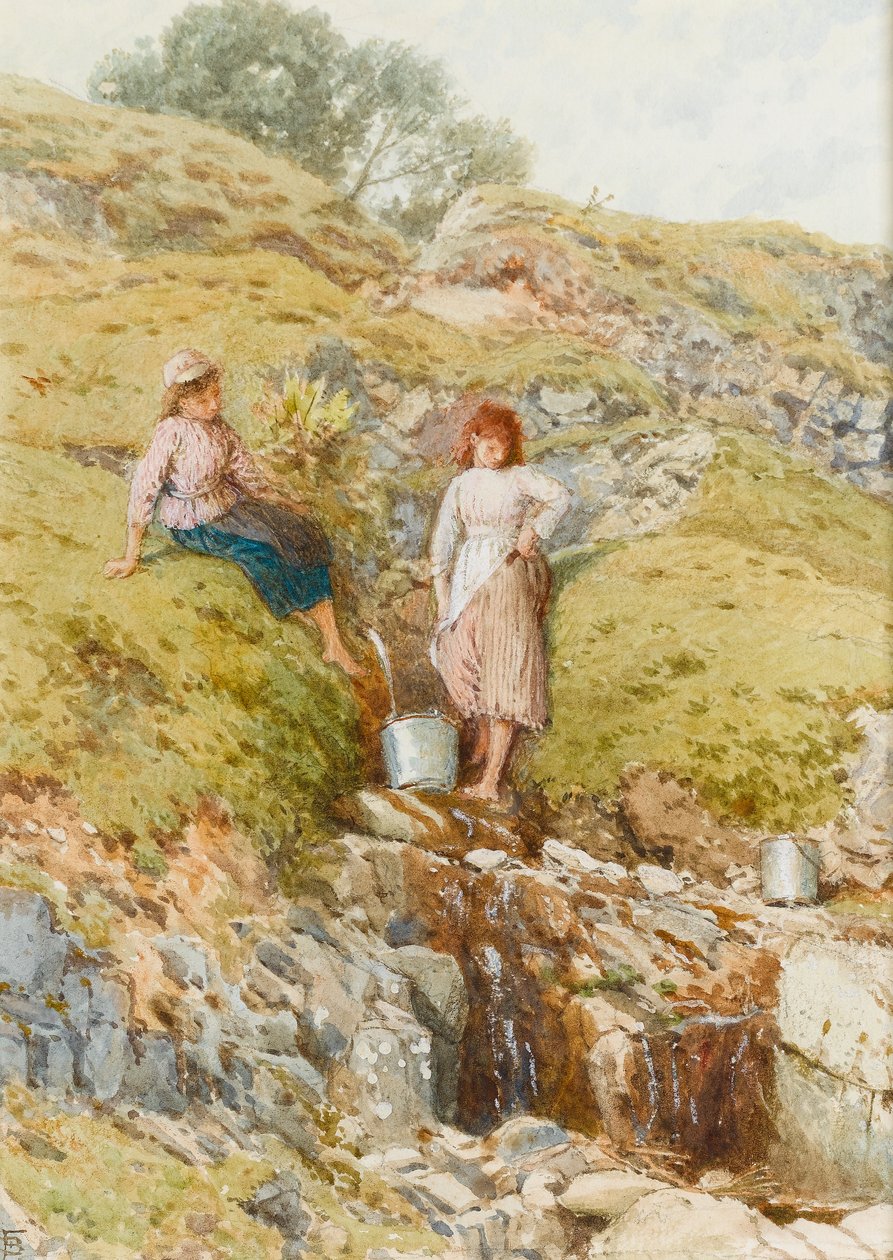 A Highland Burn (wc på papir) av Myles Birket Foster