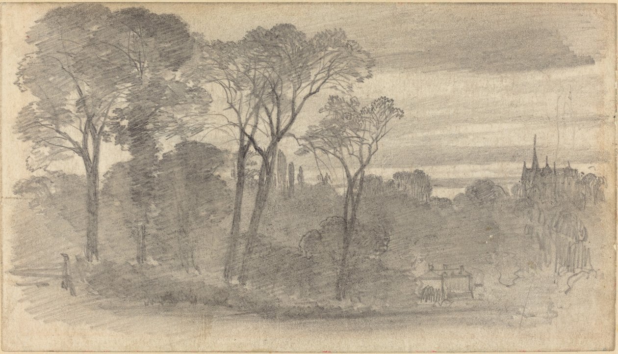 Et kveldslandskap med en fjern katedral av Myles Birket Foster