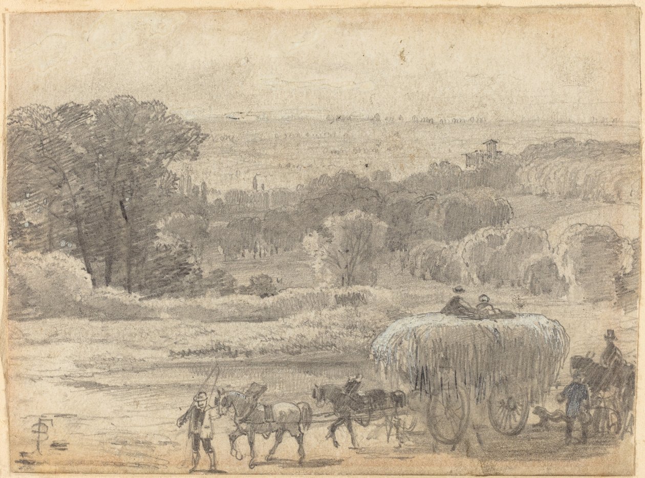 Et kveldslandskap med en høyvogn av Myles Birket Foster