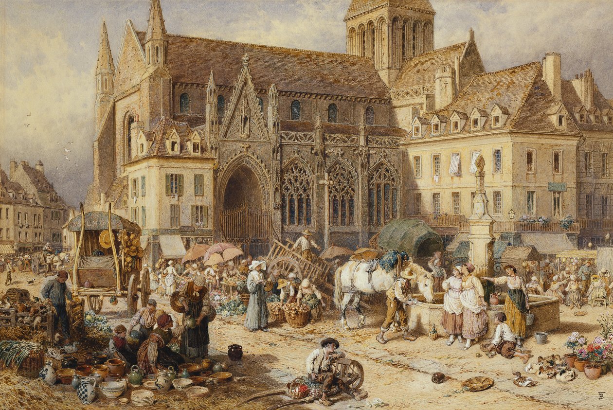 På Gervaise, Falaise: Markedsdag, av Myles Birket Foster